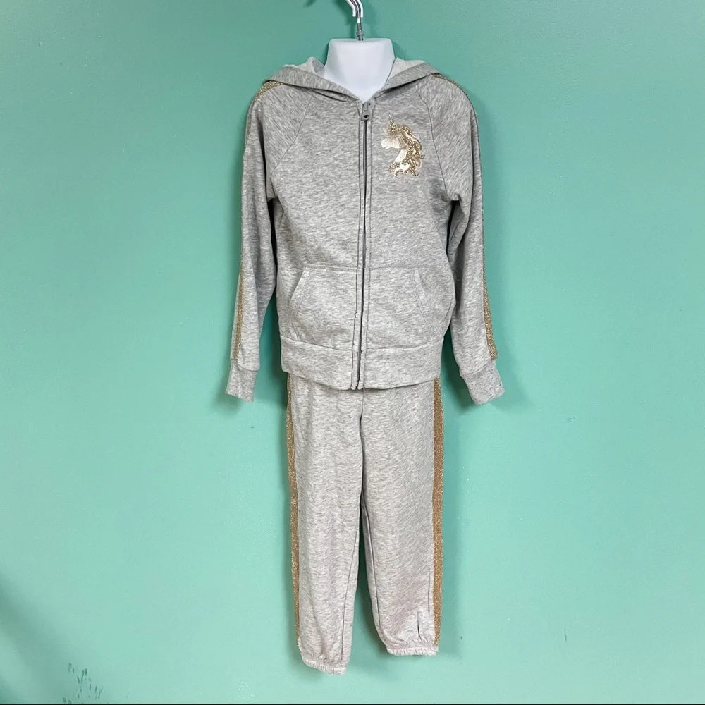 Childrens Place Gray & Gold Unicorn Sparkle Sweatshirt & Jogger Set Girls S 5/6